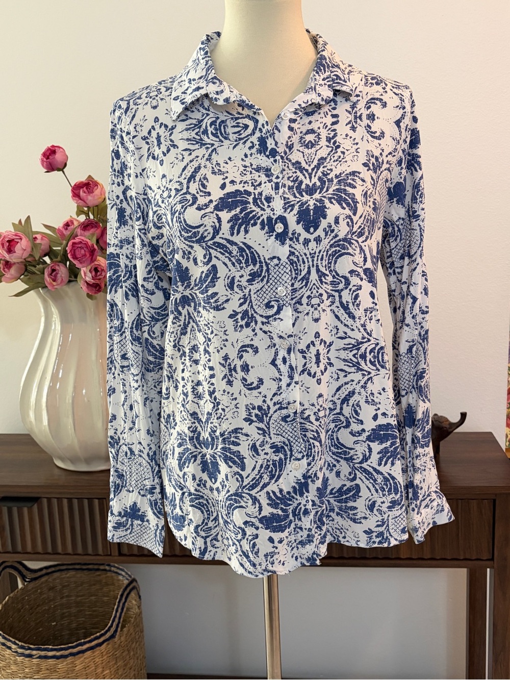BIG DART Blue & White Printed Button-Down Shirt - Classic Collared Top